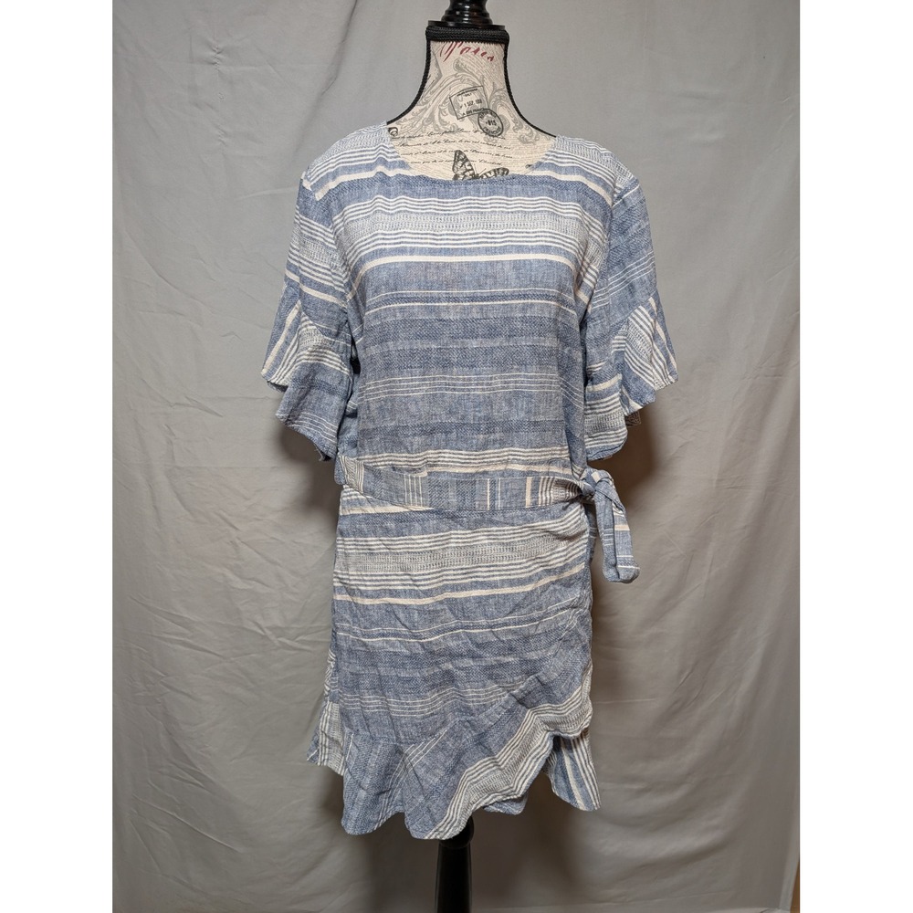 Express Blue White Striped Linen Cotton Blend Tie Ruffle Hem Dress Women's XL